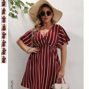 🎉NEW LISTING!🎉SHEIN Plus Deep V-neck Striped Surplice Dress Burgundy Size 2XL